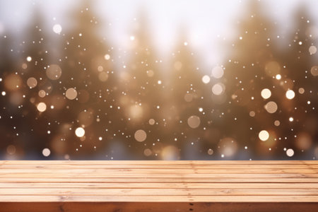 christmas theme of empty brown wooden board table with abstract night light bokeh background, copy space for display of product or montage object presentation, Generative AIの素材