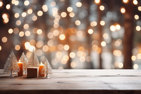 christmas theme of empty brown wooden board table with abstract night light bokeh background, copy space for display of product or montage object presentation, Generative AIの素材