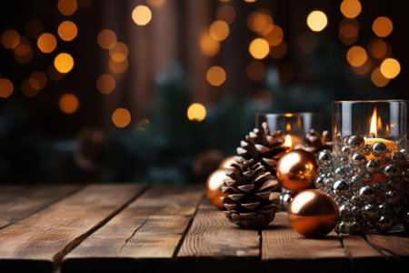 christmas theme of empty brown wooden board table with abstract night light bokeh background, copy space for display of product or montage object presentation, Generative AIの素材