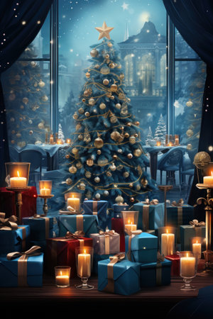 Cozy festive room with a fire place decorated for Christmas backdrop with xmas tree, gifts and light. generative aiの素材