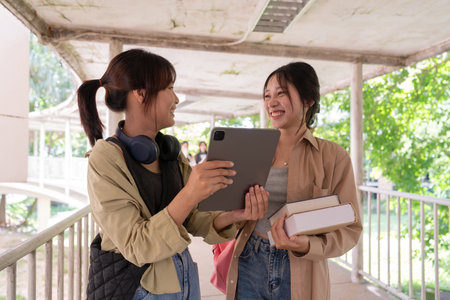 Two college student female friends smile ready for class at the university campus