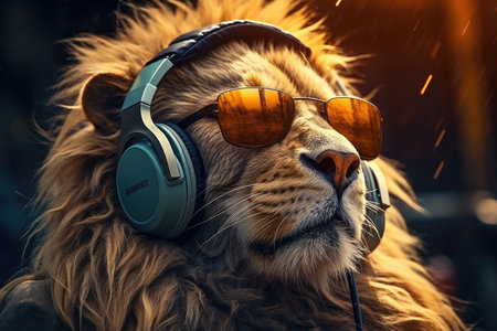 Portrait of lion with headphones listening music. AI generative artの素材