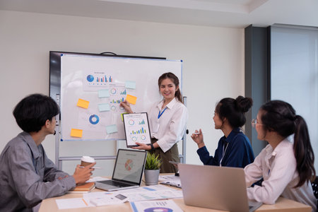 Business finance, Accounting, Investment advisor, Business team marketing plan consulting companies using laptops and computer analysis business brainstorm conference presentationの写真素材