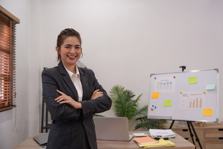 Confident smile businesswoman young asian, company sale marketing manager, standing arms crossed in...