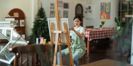 Talented Female Artist Working on a artist lifestyle. painting hobby. woman drawing beautiful watercolor designの写真素材