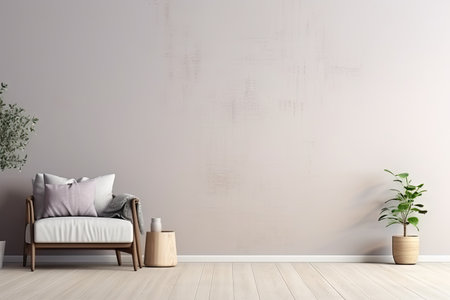 Minimalist living room interior with wooden floor, decor on a large wall. Generative aiの素材