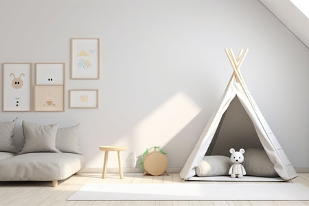Cozy minimalist nursery room, Baby newborn room interior, Light colors, Scandinavian style. Generative aiの素材