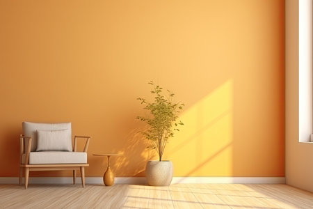 Minimalist living room interior with wooden floor, decor on a large wall. Generative aiの素材