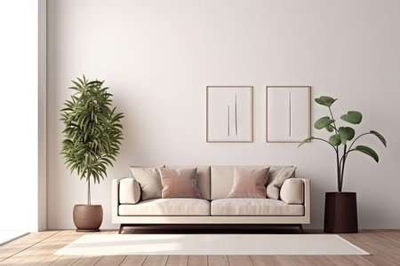 Minimalist living room interior with wooden floor, decor on a large wall. Generative aiの素材