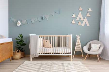 Cozy minimalist nursery room, Baby newborn room interior, Light colors, Scandinavian style. Generative aiの素材