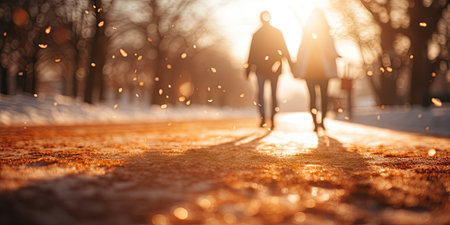 Couple holding hand walking together in autumn park, Generative aiの素材