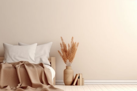 Minimalist living room interior with wooden floor, decor on a large wall. Generative aiの素材