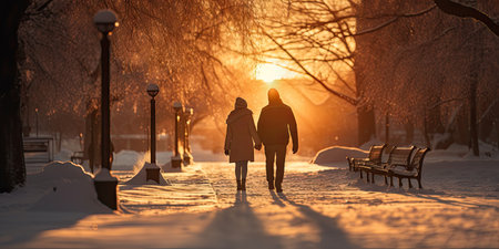 Couple holding hand walking together in autumn park, Generative aiの素材