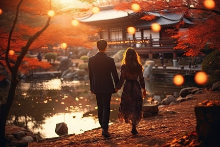 Couple holding hand walking together in autumn park, Generative aiの素材