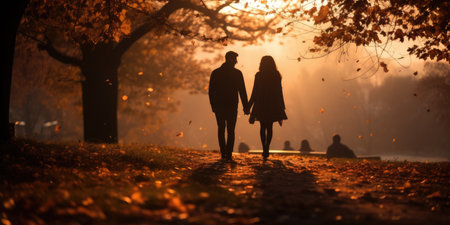 Couple holding hand walking together in autumn park, Generative aiの素材