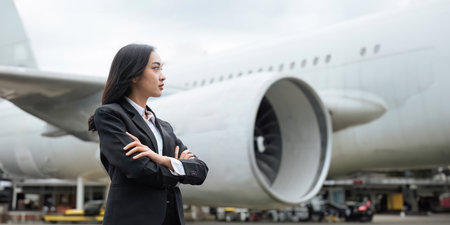 Professional Asian business woman executive wearing suit walking in the airport looking away thinking of success, leadership Confident and professional young Asian businesswomanの写真素材