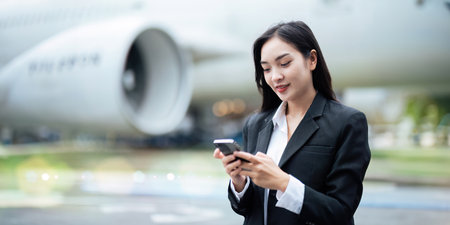 Success business woman Using smartphone in the plane. portrait of gorgeous Smiling female using mobile phone. leadership Confident and professional young Asian businesswomanの写真素材