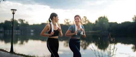 Healthy and active lifestyle, sport concept. Attractive ecstatic young sportswoman, smiling joyfully as jogging, sprinter run in parkの写真素材