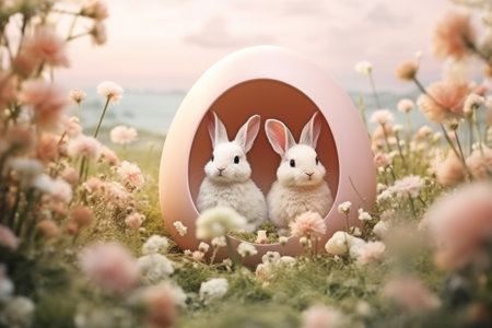 Cute rabbit surrounded by field of Easter eggs created with Generative AIの素材