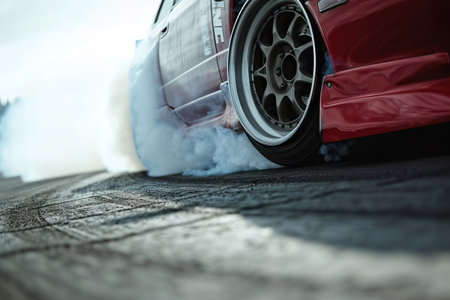 Sport racing car drifting. Close up at wheel. Generative aiの素材