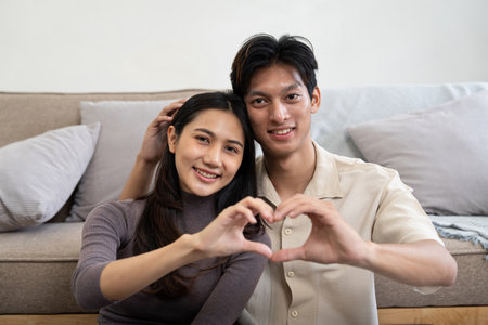 Lovely young couple asian is making heart sign with hands at home. Valentine day celebrationの写真素材