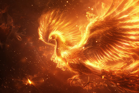 A fiery bird with its wings spread wide, soaring through the skyの素材