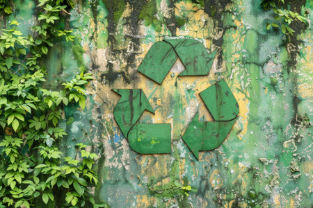 A green recycling symbol is on a wall with green vines growing on itの素材