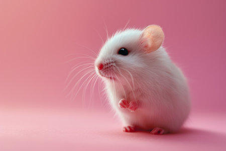 A small white mouse is sitting on a pink background. Generative AIの素材