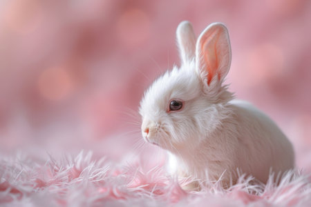 A white rabbit is sitting on a pink surface. Generative AIの素材