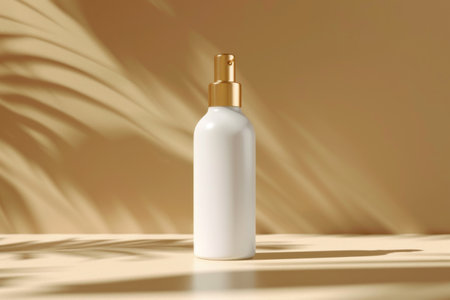 A bottle of perfume is sitting on a table in front of a shadow. Generative AIの素材