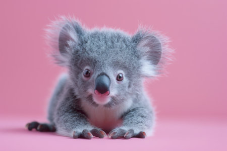 A baby koala is laying on a pink background. Generative AIの素材