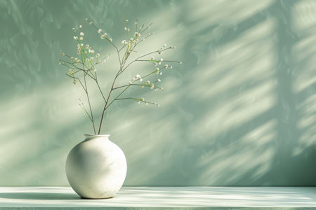 A white vase with a tree in it sits on a table. Generative AIの素材
