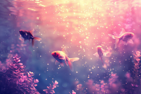 Three fish swimming in a tank with pink water and purple plants. Generative AIの素材