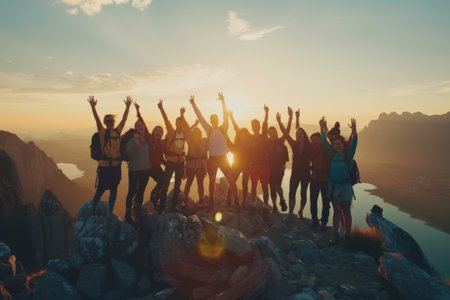 A group of people are standing on a mountain, with the sun shining on them. Generative AIの素材