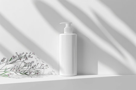 A bottle of lotion sits on a shelf next to a bunch of flowers. Generative AIの素材