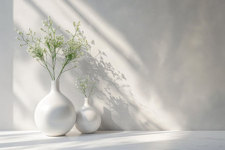 Two white vases with flowers in them sit on a white table. Generative AIの素材