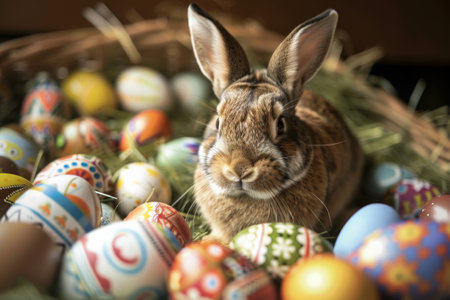 A rabbit is sitting in a basket full of Easter eggsの素材