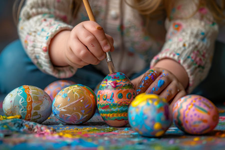 A child is painting Easter eggs with a brushの素材
