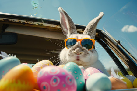 A rabbit wearing sunglasses and holding a bunch of Easter eggsの素材