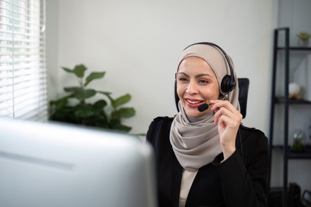 Young muslim women wearing hijab telemarketing or call center agent with headset working on support...