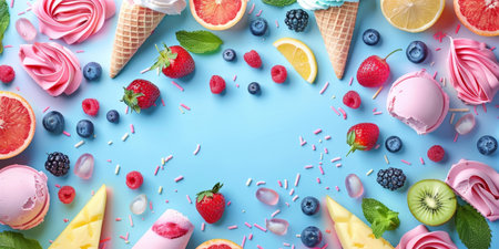 A blue background with a variety of fruits and ice creamの素材