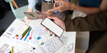 Brainstorm planning creative asian teamwork, Group of mobile phone app developer team meeting for...