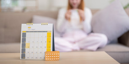 Birth control pills with calendar on table at home. Concept of contraception, family planning, and womens healthcareの写真素材