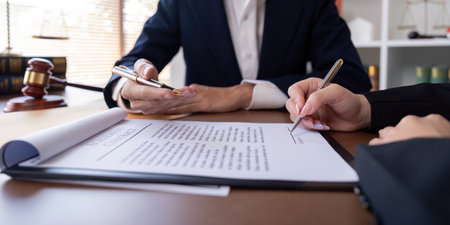 Professional Lawyer Signing Contract with Client in Office. Business Agreement, Legal Services, and Corporate Deal Conceptの写真素材