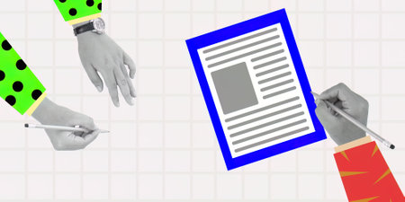 Dynamic Business Meeting Collage Photo Concept with Hands, Documents, and Pens on a Modern Grid Backgroundの写真素材
