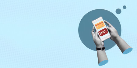 Modern Digital Payment Concept Collage with Credit Card and Shopping Elements on Blue Background