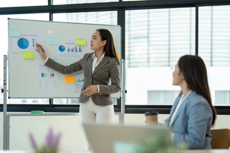 Businesswoman Presenting Data on Whiteboard in Modern Office Setting with Colleague Listeningの写真素材