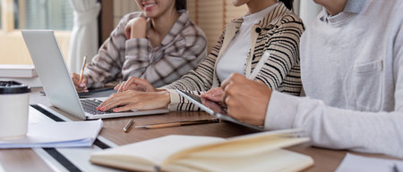 Friends, writing or students reading book in college for education, project or study at university. Help, teamwork for research notes, learning course and scholarshipの写真素材