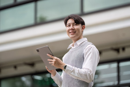 Young Professional Smiling and Holding a Tablet Outside a Modern Office Building