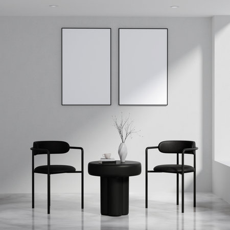 Minimalist Modern Interior with Black Chairs and Blank Frames on White Wall in Bright Room